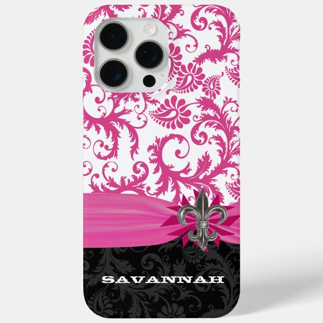 Coques Case-Mate iPhone Pink Personnalisé Faux Fleur de lis Damask iPhone (Verso)