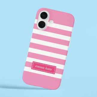 Coques iPhone 16 Pink Preppy Stripes Monogramme