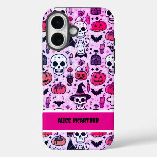 Coque Pour iPhone 16 Pink Punk Halloween Trick ou Treat Nom personnalis
