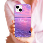 Coque Case-Mate iPhone Pink Purple Ocean Sunset Girl Glam Confetti Nom<br><div class="desc">Souvenez-vous de vos vacances d'été chaque fois que vous utilisez ce boîtier de téléphone portable de nom personnalisé. Profitez de la solitude de l'Océan Pacifique californien avec cette photo époustouflante, violet, rose et bleu coucher de soleil, tipée de minuscules points de confettis glam girly, violet et or. Fait un grand...</div>