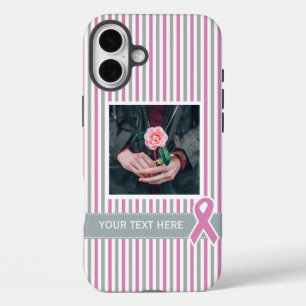 Coques iPhone 16 Plus Pink & Silver Stripes photo et texte personnalisés