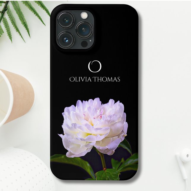 Coques Case-Mate iPhone Pivoine blanche élégante Monogram avec nom (Créateur téléchargé)