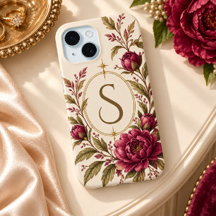 Coque Case-Mate iPhone Pivoine Bourgogne Ivoire Monogramme Botanique 