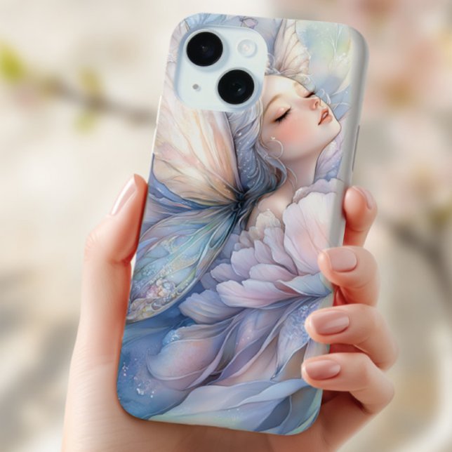 Coques Case-Mate iPhone Pivoine de l'Aube (the Iphone 13 mini with the image of Peony of the Dawn shown in the hand of a young woman)