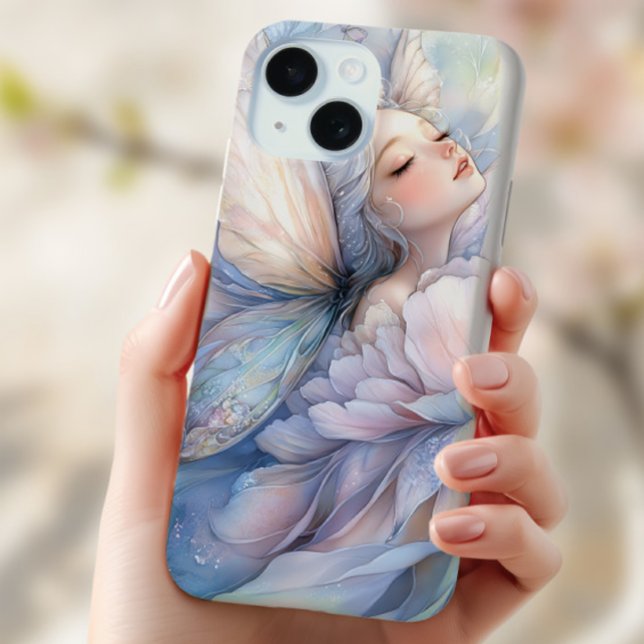 Coques Case-Mate iPhone Pivoine de l'Aube (the Iphone 14 plus with the image of Peony of the Dawn shown in the hand of a young woman)