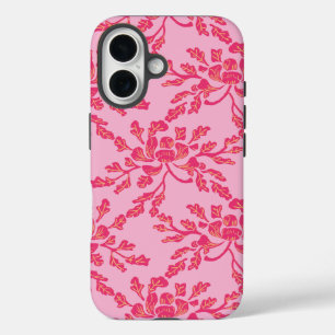 Coque Pour iPhone 16 Pivoine sinueuse en xylographie rose et orange