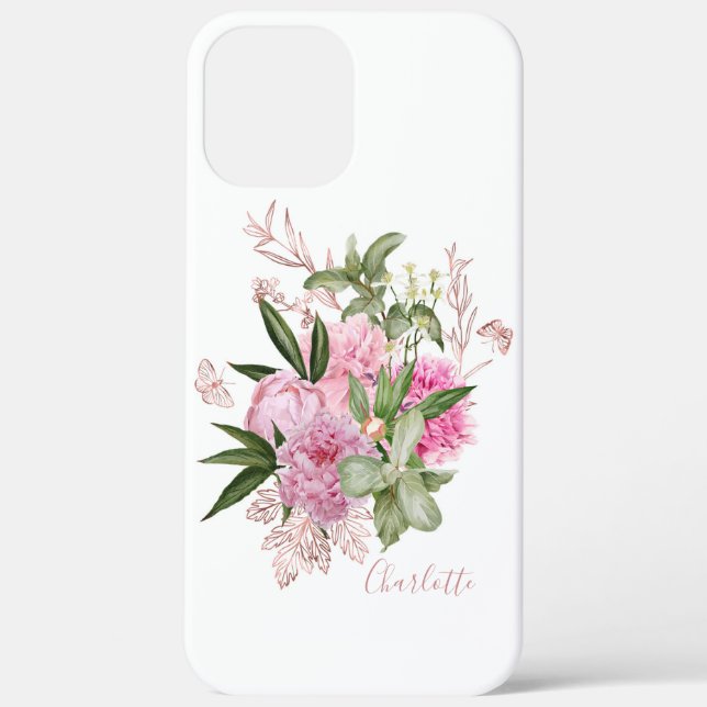 Coques Case-Mate iPhone Pivoines Aquarelle Rose Papillon Nom Or Rose (Verso)