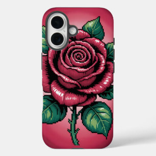 Coque Pour iPhone 16 Pixel Rose – Art Floral Rétro