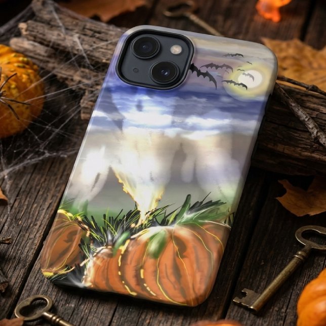 Coques Case-Mate iPhone Plage hantée avec un fantôme et citrouilles  (Créateur téléchargé)