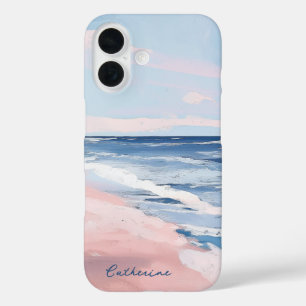 Coque Pour iPhone 16 Plage rose et bleu Plage Gouache Art
