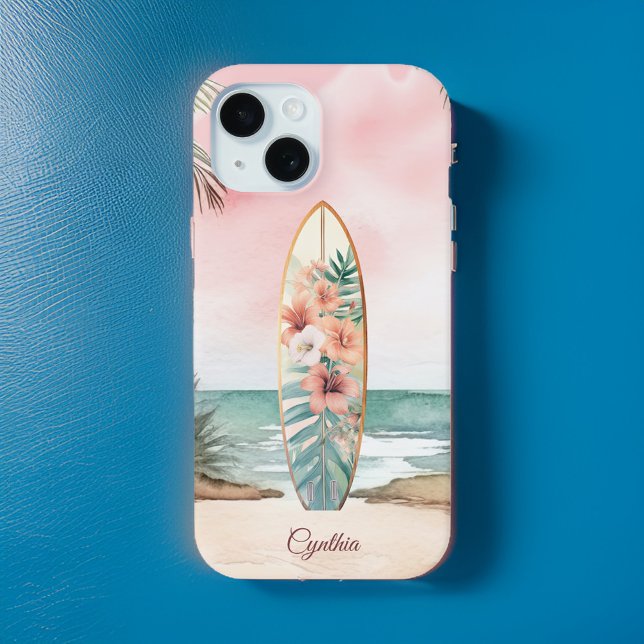 Coques Case-Mate iPhone Plage Surfboard Fleurs tropicales Île Monogramme (Créateur téléchargé)