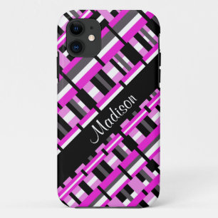 Coque iPhone 11 Plaid en rose, noir et gris Personnaliser le nom