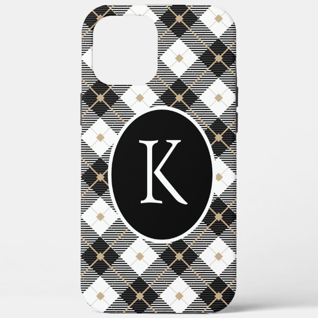 Coques Case-Mate iPhone Plaid noir blanc or personnalisé avec monogramme (Verso)