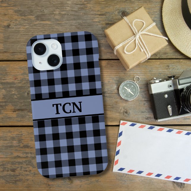 Coques Case-Mate iPhone Plaid noir et bleu, Plaid de Buffalo (Black Blue Buffalo Plaid iPhone case. Monogrammed initials or name)
