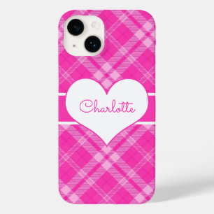 Coque Pour iPhone 14 Plaid rose doux sur un monogramme cardiaque