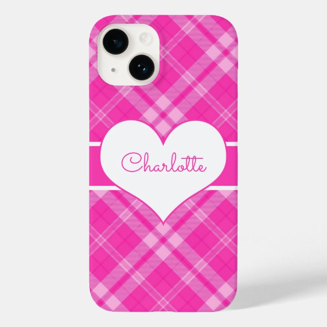 Coques Case-Mate iPhone Plaid rose doux sur un monogramme cardiaque (Verso)