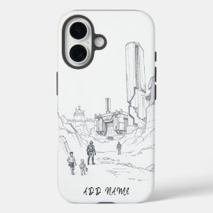 Coque Pour iPhone 16 Plan paysager futuriste avec figures