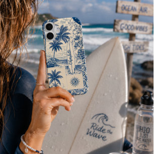 Coque Pour iPhone 16 Planche de surf tropicale bleue