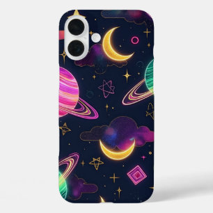 Coque Pour iPhone 16 Plus Planètes de galaxie spatiale bleu néon et violet