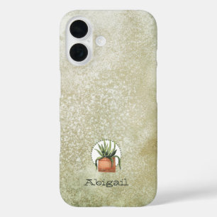 Coque Pour iPhone 16 Plante Aquarelle & Arrière - plan Grunge Avec Nom