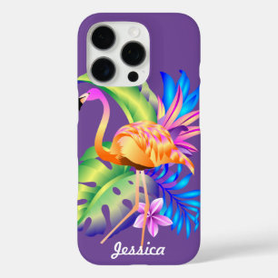 Coque iPhone 16 Pro Plantes tropicaux et Flamant rose violet Personnal