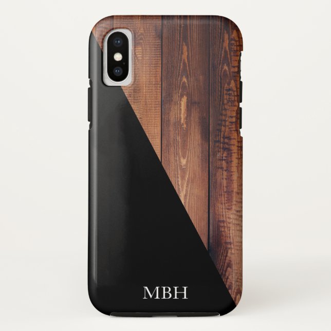 Coques Case-Mate iPhone Plaques en bois modernes et diagonale noire | Mono (Dos)