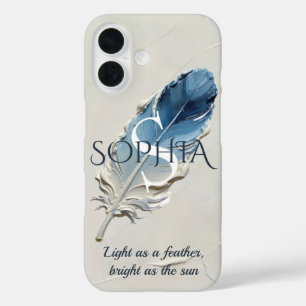 Coque Pour iPhone 16 Plume bleue personnalisée Monogramme Nom personnal