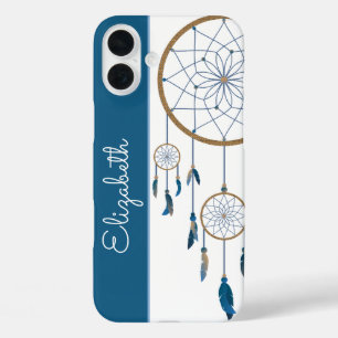 Coque Pour iPhone 16 Plus Plumes bleues Dreamcatcher Nom personnalisé Boho