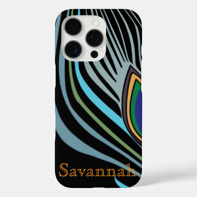 Coques Case-Mate iPhone Plumes de paon moderne Noir Turquoise Votre nom (Verso)