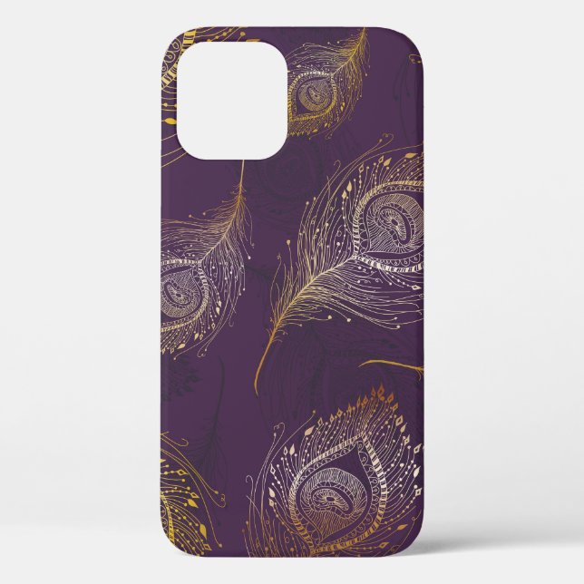 Coques Case-Mate iPhone Plumes de paon or, arrière - plan violet. (Verso)
