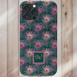 Case-Mate iPhone Case Plumes de paon rose et Monogramme sur Deep Green
