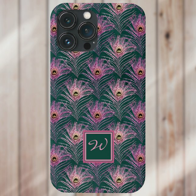 Coques Case-Mate iPhone Plumes de paon rose et Monogramme sur Deep Green (Créateur téléchargé)
