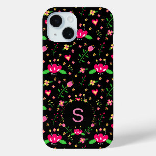 Coque Case-Mate iPhone Plutôt rose florale sur un Monogramme noir