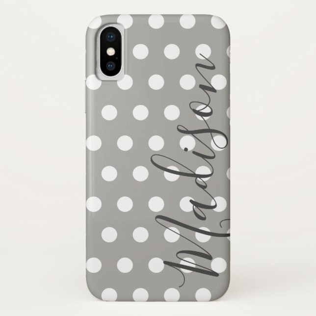 Coques Case-Mate iPhone Pointe Polka gris et blanc Nom personnalisé (Dos)