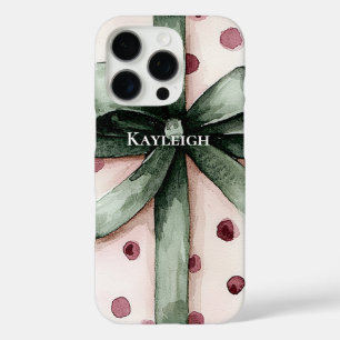 Coque iPhone 16 Pro Points roses de Noël Ruban vert & Bow