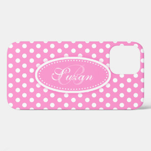 Coques Pour iPhone Pois blanc et nom personnalisé rose