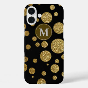 Coques iPhone 16 Plus pois de couleur dorée sur fond noir