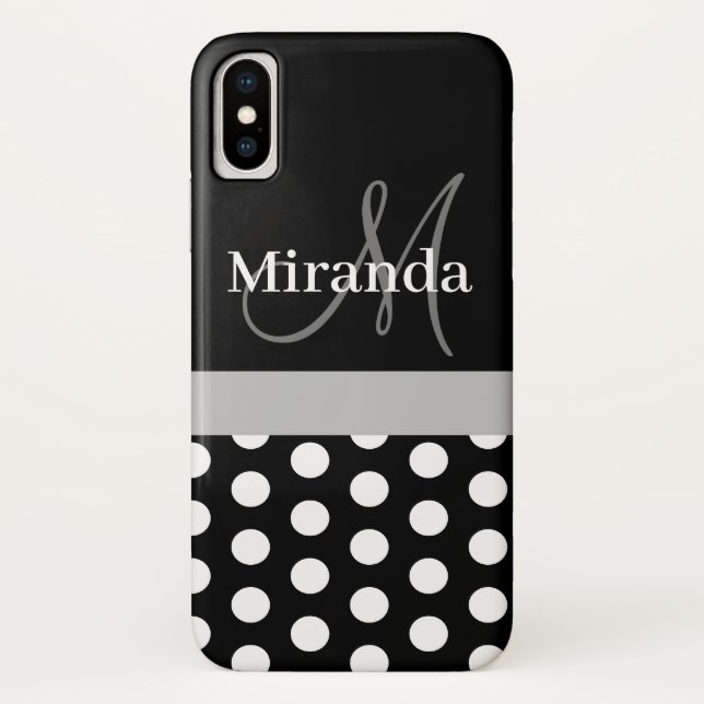 Coques Case-Mate iPhone Pois de script de monogramme gris noir (Dos)