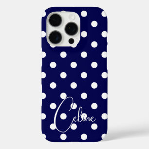 Coque iPhone 16 Pro Pois Design Bleu Foncé Et Votre Nom Personnalisé
