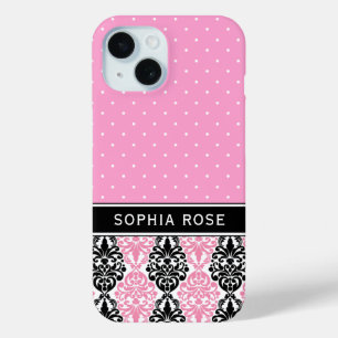 Coque Case-Mate iPhone Pois et Damask Pink Black Nom personnalisé