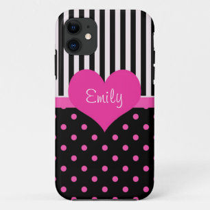 Coque iPhone 11 Pois mignons, roses douces avec nom