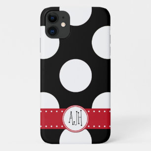 Coque iPhone 11 Pois noirs et blancs, pointillés, Monogramme