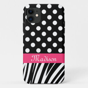 Coques Pour iPhone Pois noirs Zebra Stripes Nom rose
