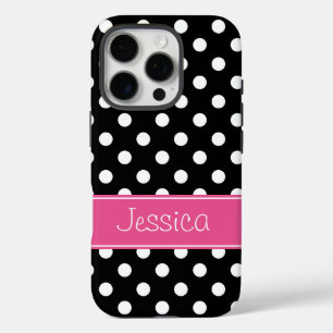 Coques iPhone 16 Pro Pois rose et noir de très bon goût personnalisé