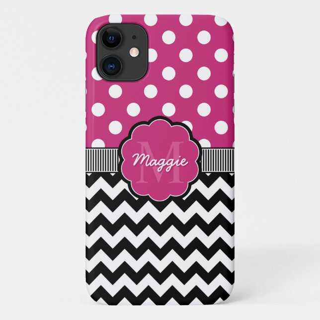 Coques Case-Mate iPhone Pois rose noir Chevron Monogramme (Dos)