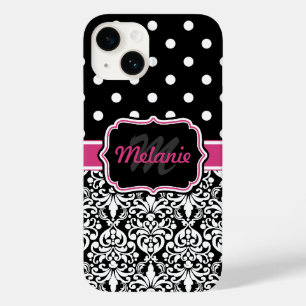 Coque Case-Mate iPhone Pois rose noir Damask Motif Monogramme