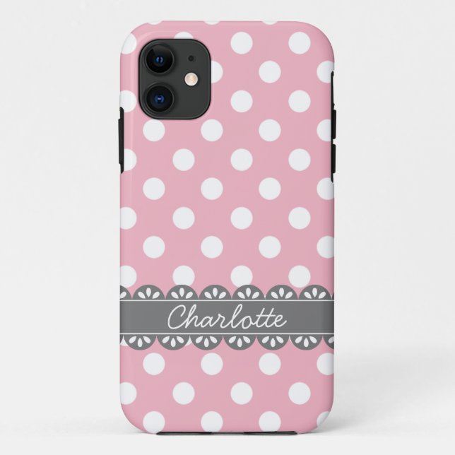 Coques Case-Mate iPhone Pois roses et dentelle gris à la mode (Dos)