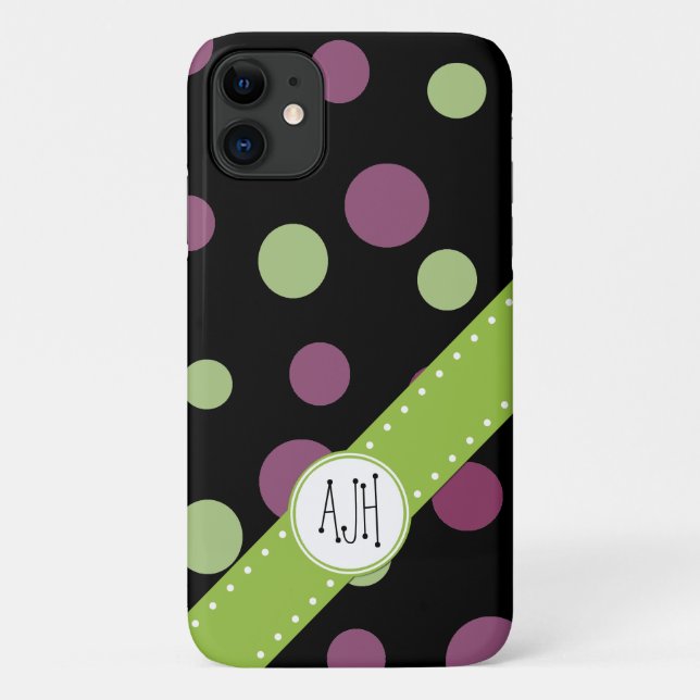 Coques Case-Mate iPhone Pois violets, Pois verts, Monogramme (Dos)