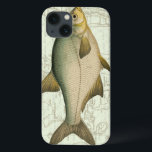 iPhone 13 Case Poisson d'eau douce sur la carte<br><div class="desc">Cette copie d'art illustre une peinture détaillée d'un poisson d'eau douce. L'arrière - plan est une carte vintage dans la couleur aquatique légère. Cette conception adapterait parfaitement n'importe quel produit de votre collection de pêche.</div>