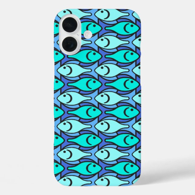 Coques Case-Mate iPhone Poisson moderne du milieu du siècle, bleu et aqua (Verso)